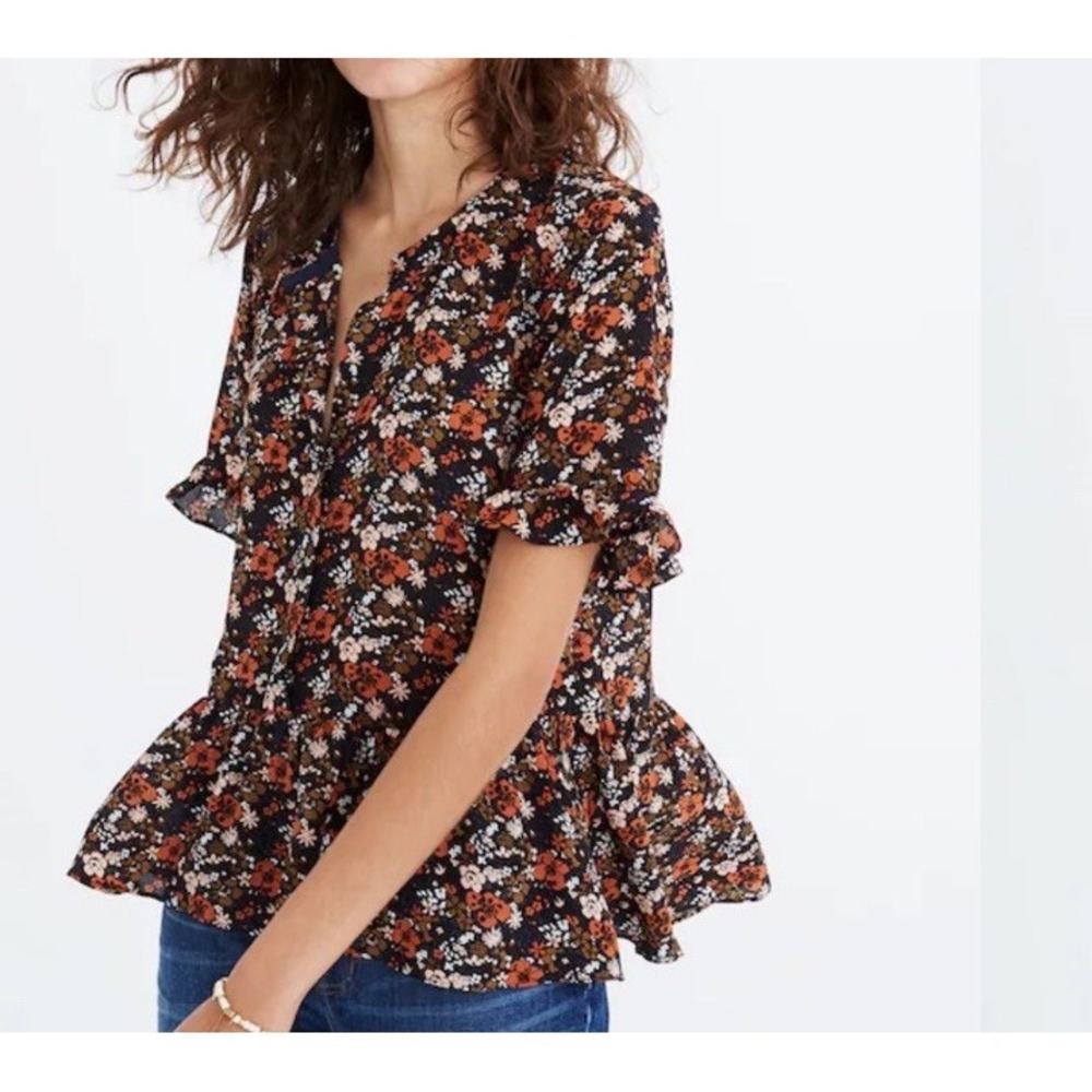 Madewell Size Small Womens Top Silk Studio Ruffle-Hem in Prairie Blossoms